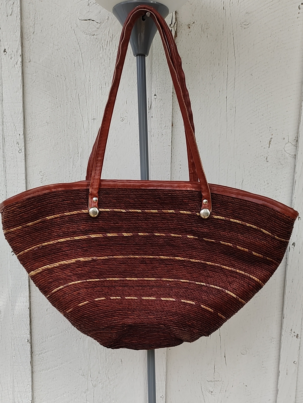 Vintage Handmade African Woven Sisal Tote Bag with Tan Leather-like Trim